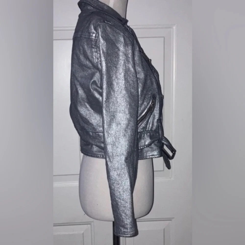 Mother Denim Friday Night Freestyle Metallic Silver Coated Moto Jacket XS - Picture 8 of 12
